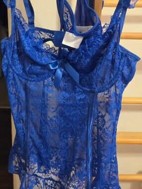 Royal Blue Lace Lingerie Chemise with Bow and panties that match